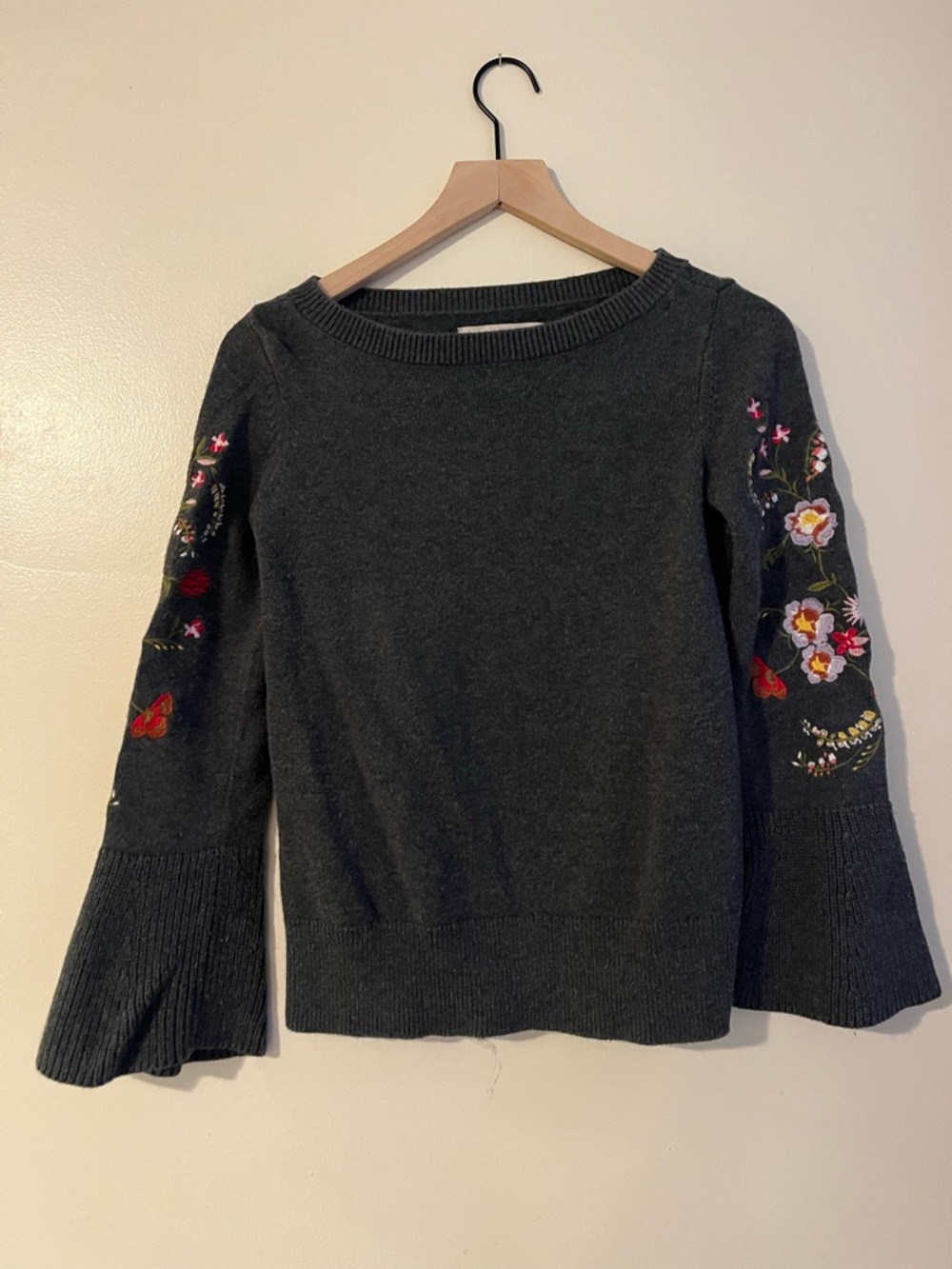 LOFT Dark Gray Crewneck Sweater with Floral Embroidered Sleeves